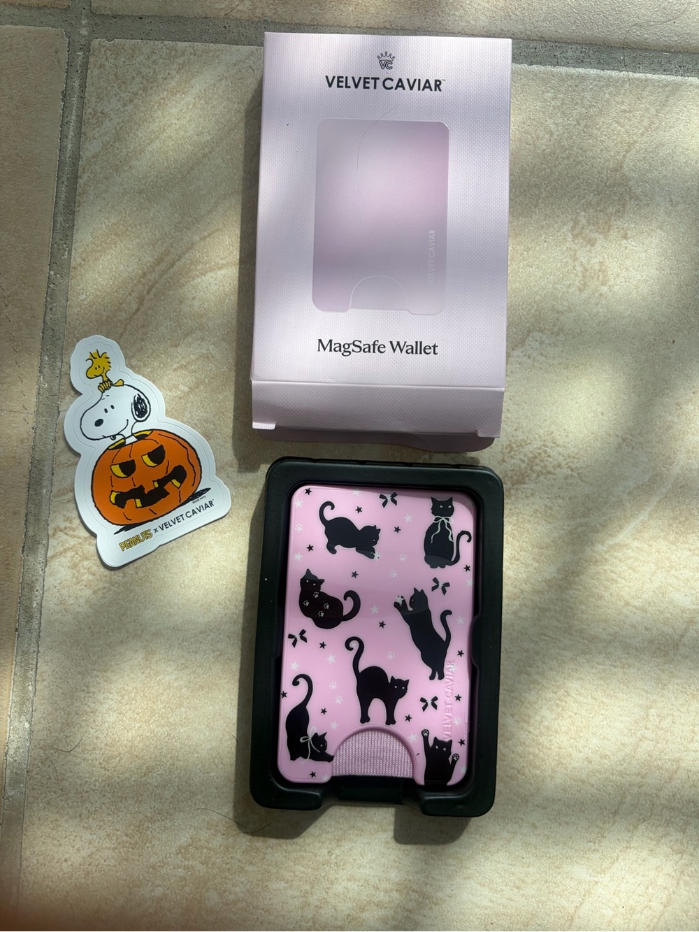 Brand new never used Velvet Caviar Pink MagSafe Wallet with Black Cat Pattern